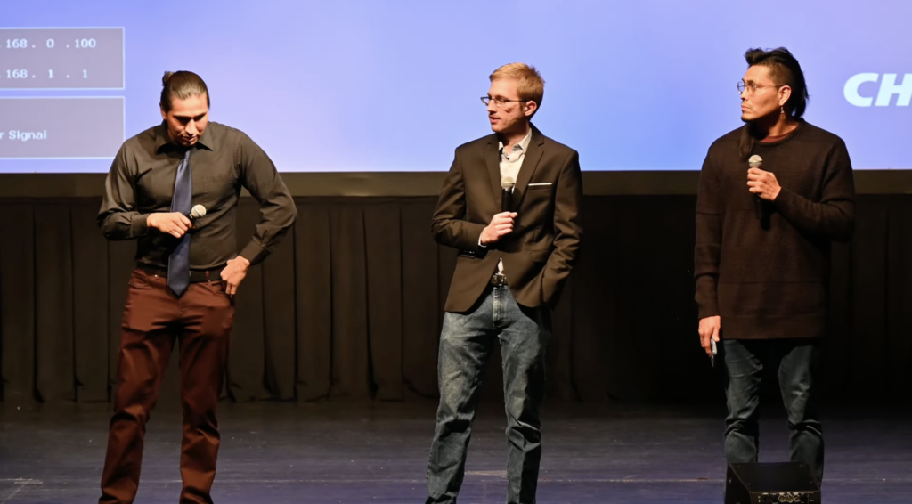 From the left Zachary Hokeah, Johannes Becht and Dennis Knifechief during a Q&A on stage.
