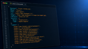 sameAs dans Schema.org : comment les machines comprennent de qui ou de quoi il s’agit 3 Un exemple de code de schéma `sameAs` pour « Jean Dupont » dans les données structurées d'un site web. Image générée par IA.