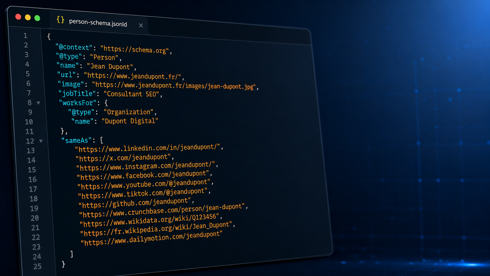 Un exemple de code de schéma `sameAs` pour « Jean Dupont » dans les données structurées d'un site web. Image générée par IA.