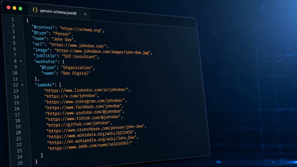 sameAs in Schema.org: How Machines Identify Who or What You Mean 1 An example sameAs Schema code for "John Doe" in the structured data of a website. Image AI-generated