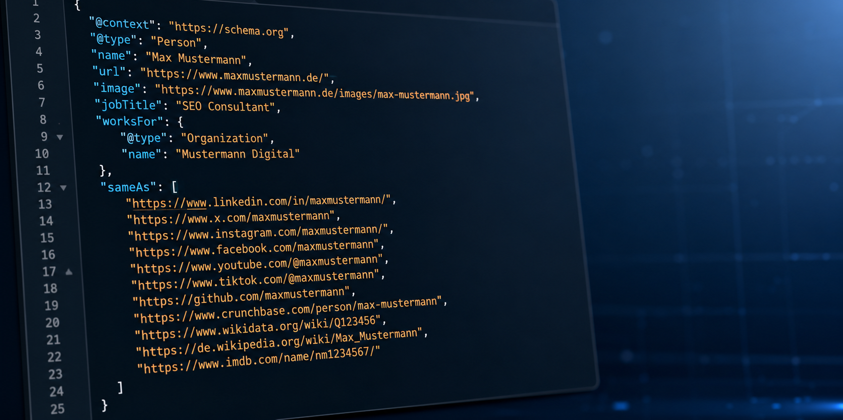 sameAs in Schema.org: come le macchine riconoscono chi o cosa intendi 1 Ein beispielhafter sameAs Schema-Code für "Max Mustermann" in den strukturierten Daten einer Website. Bild KI-generiert